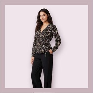 Soprano Black Floral Long Sleeve Wrap Blouse Size M